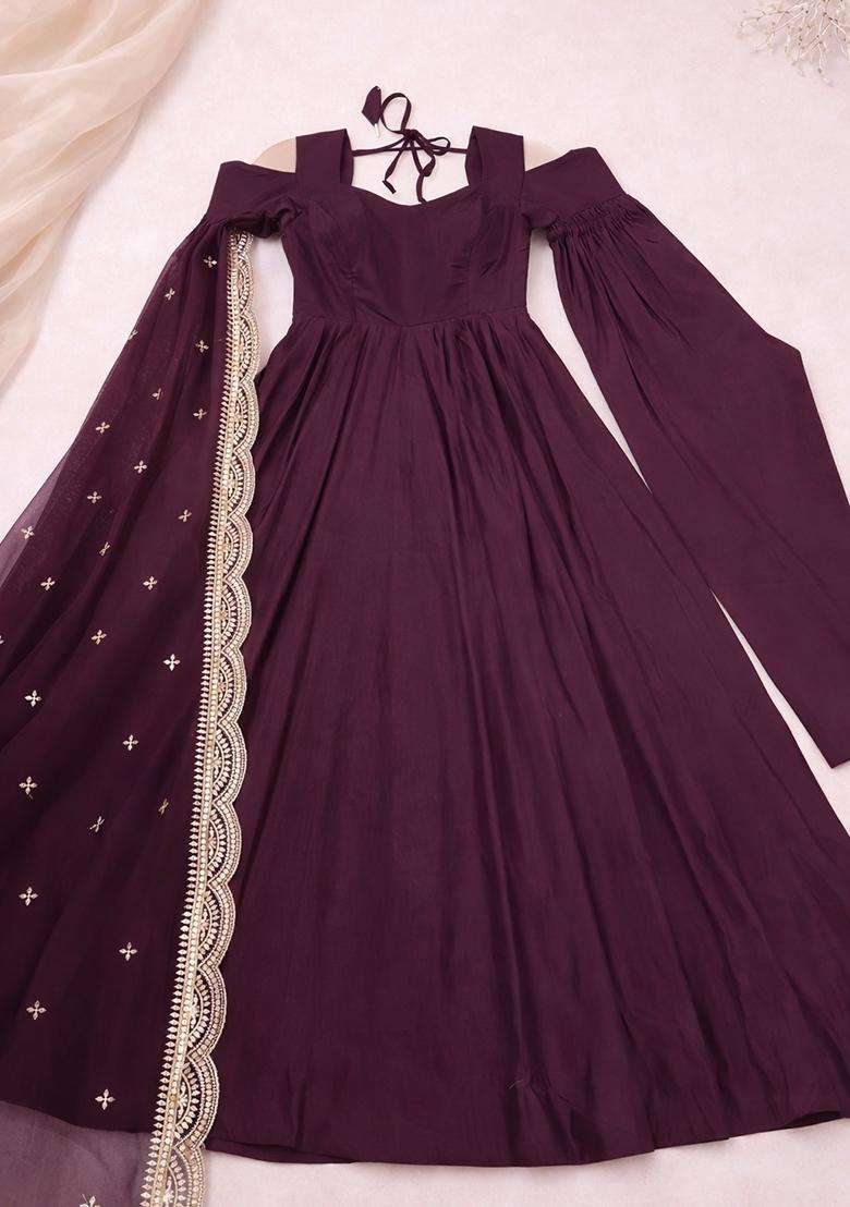 Wine Embroidered Silk Blend Anarkali Set - Indya