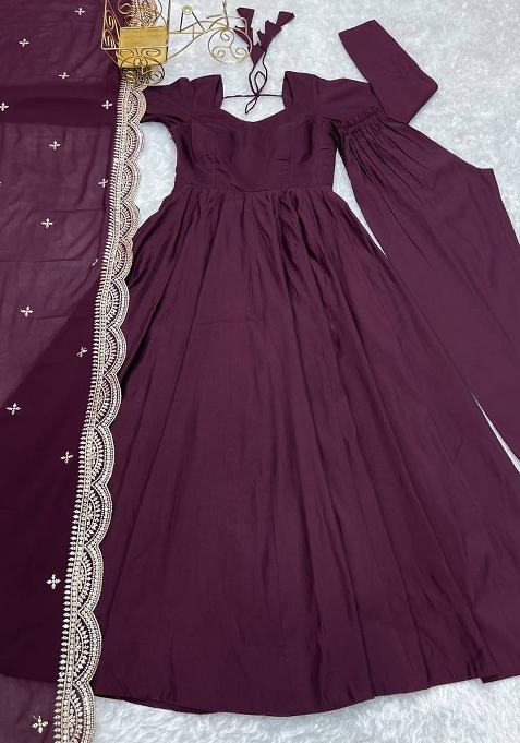 Wine Embroidered Silk Anarkali Style Salwaar Kameez Set