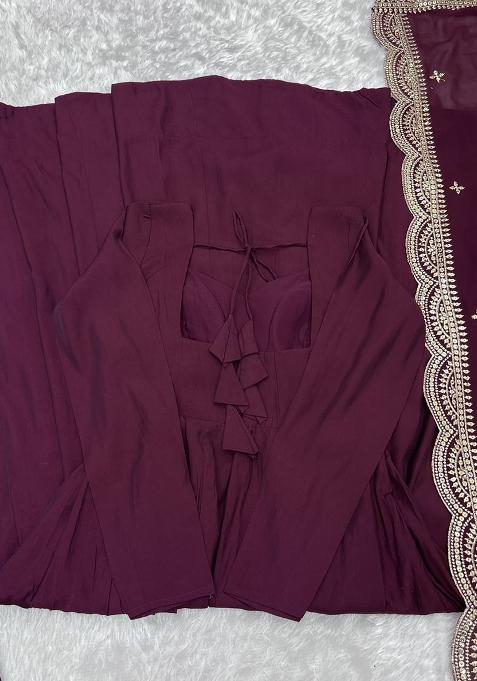 Wine Embroidered Silk Anarkali Style Salwaar Kameez Set