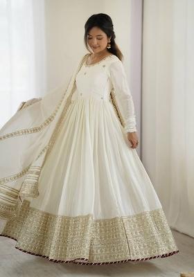 White Thread Work Silk Anarkali Set With Dupatta