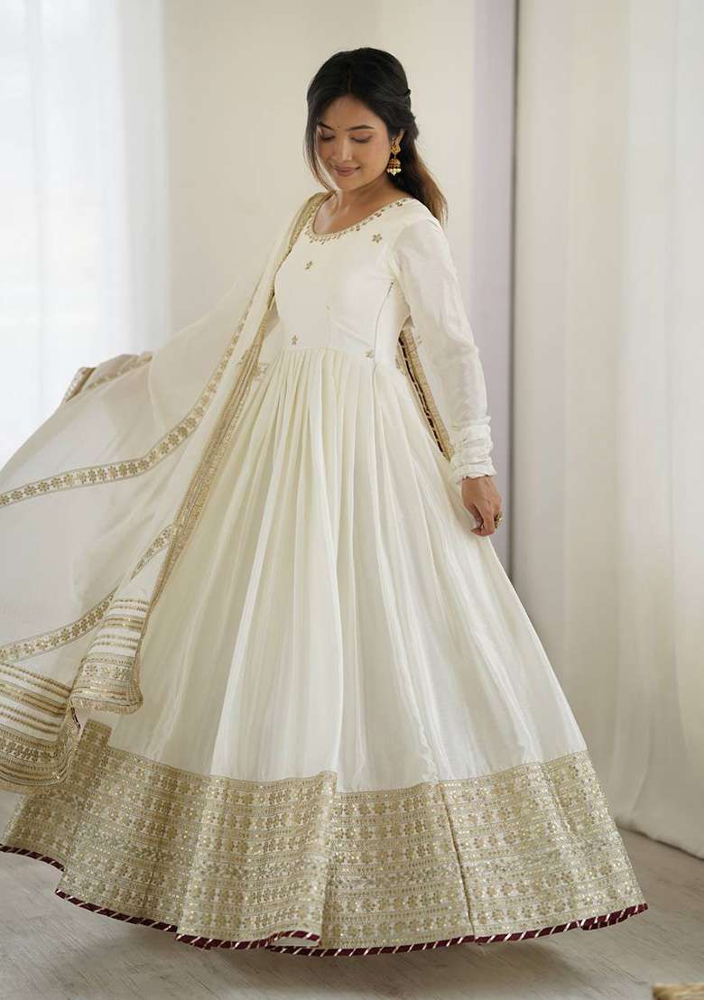 White Thread Work Silk Anarkali With Dupatta With Dupatta - Indya