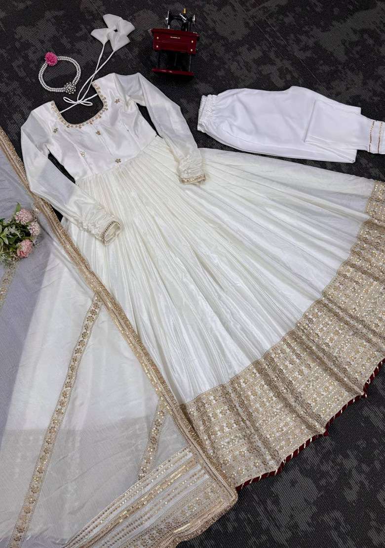 White Thread Work Silk Anarkali With Dupatta With Dupatta - Indya