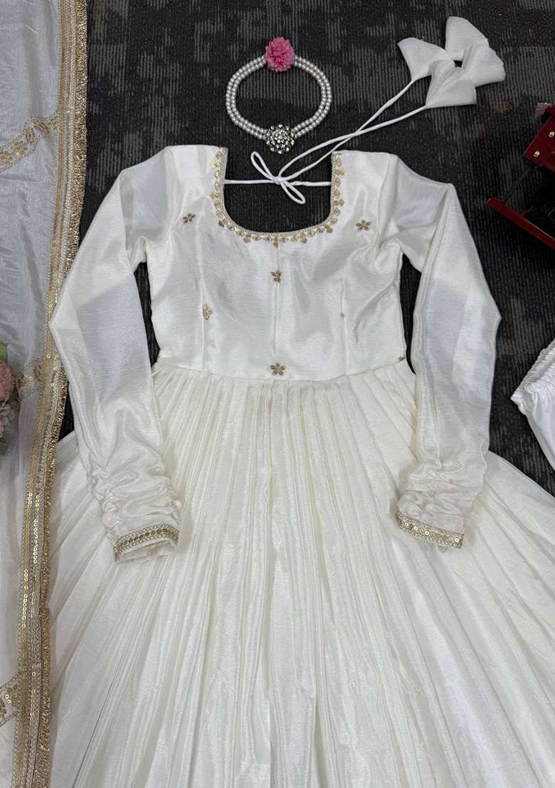 White Thread Work Silk Anarkali With Dupatta With Dupatta - Indya
