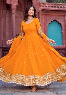 Mustard Thread Work Silk Anarkali Set With Dupatta
