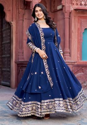 Blue Thread Work Silk Anarkali Set With Dupatta