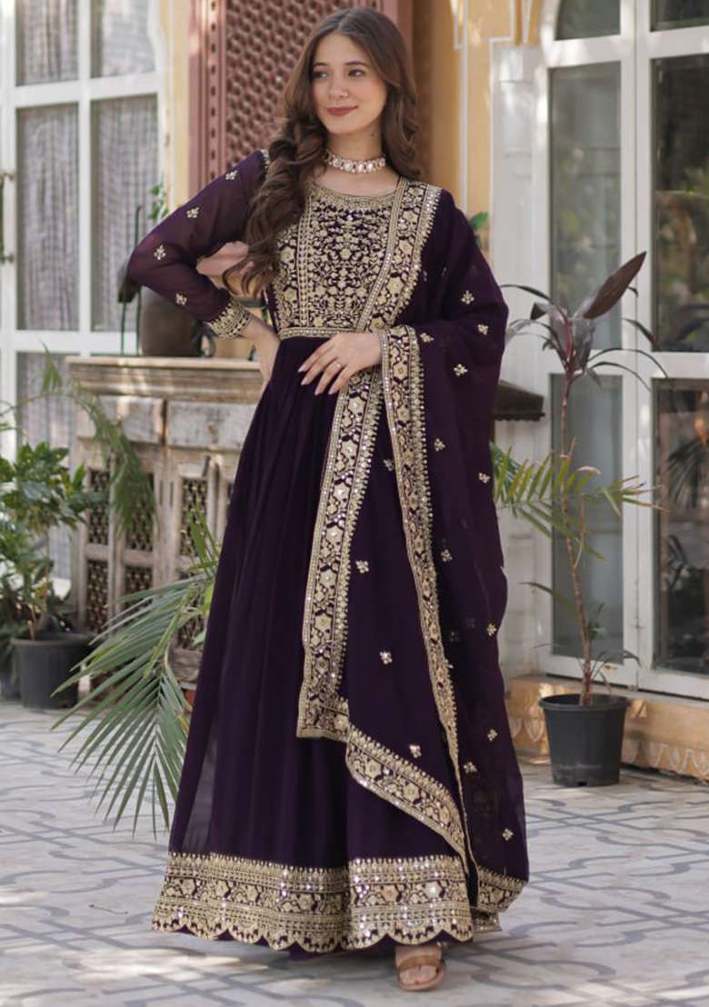 Wine Embroidered Faux Anarkali With Dupatta - Indya
