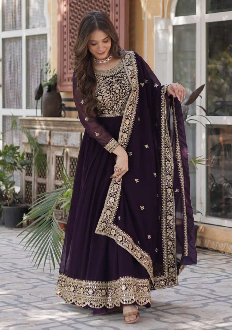 Wine Embroidered Faux Anarkali With Dupatta - Indya