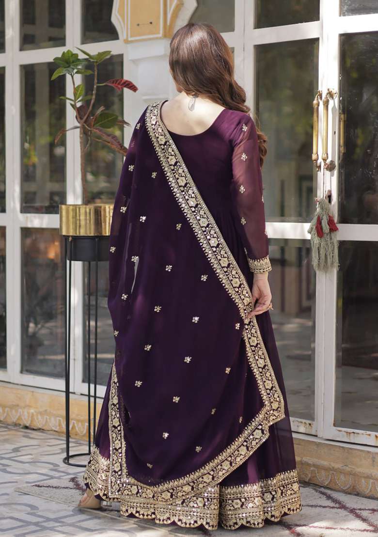 Wine Embroidered Faux Anarkali With Dupatta - Indya