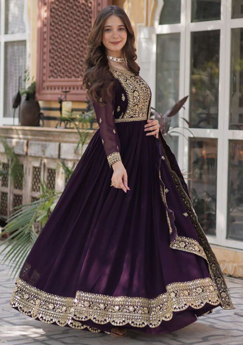 Wine Embroidered Faux Anarkali With Dupatta - Indya
