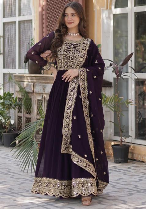Wine Embroidered Faux Anarkali With Dupatta