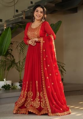 Red Embroidered Faux Anarkali With Dupatta