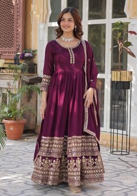 Wine Embroidered Vichitra Anarkali With Dupatta