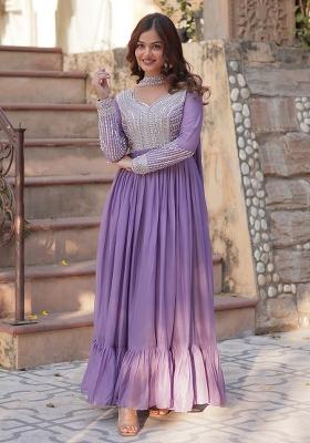 Lavender Embroidered Georgette Anarkali With Dupatta