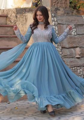 Sky Blue Embroidered Georgette Anarkali With Dupatta