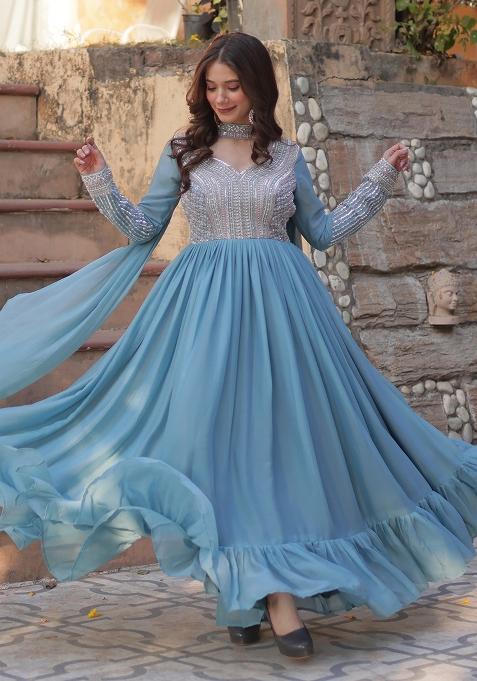Sky Blue Embroidered Georgette Anarkali With Dupatta