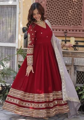 Maroon Embroidered Georgette Anarkali With Dupatta