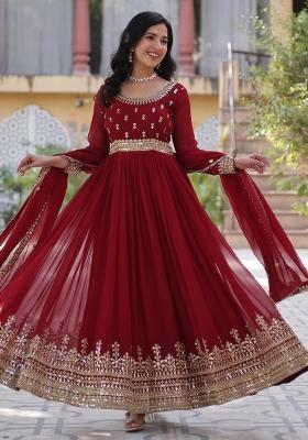 Maroon Embroidered Georgette Anarkali With Dupatta
