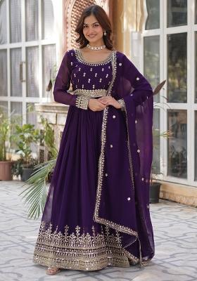 Purple Embroidered Georgette Anarkali With Dupatta