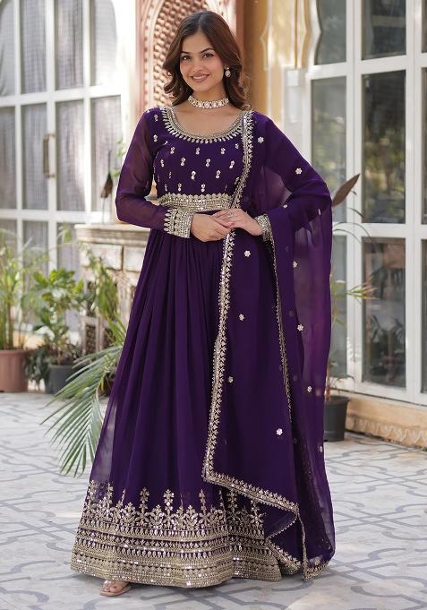 Purple Embroidered Georgette Anarkali With Dupatta