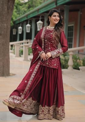 Maroon Embroidered Silk Salwar Kameez Set With Dupatta