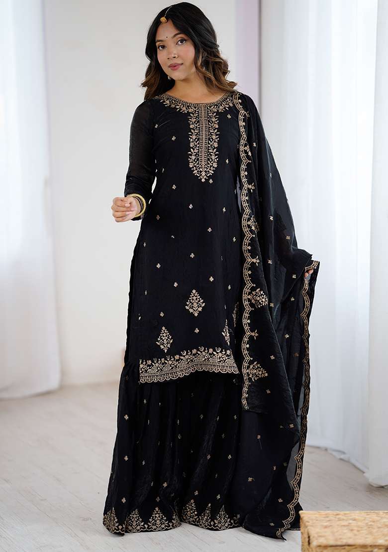 Black Embroidered Silk Salwar Kameez With Dupatta - Indya
