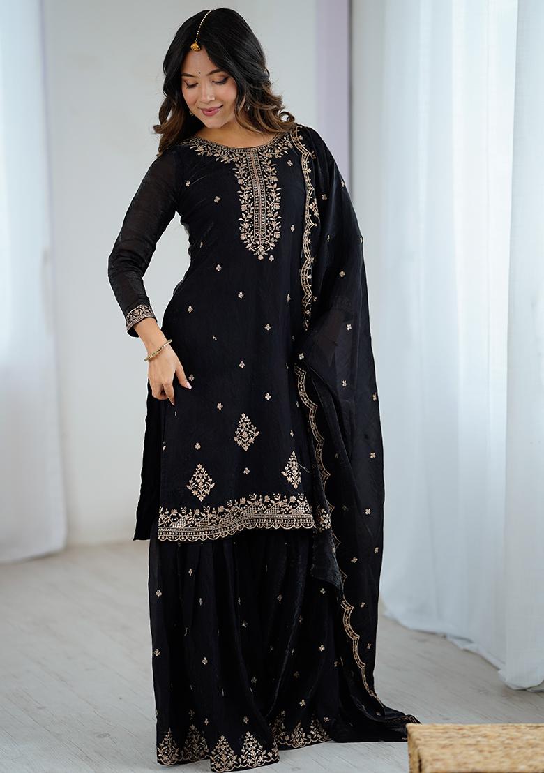 Black Embroidered Silk Salwar Kameez With Dupatta
