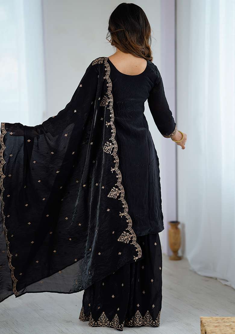 Black Embroidered Silk Salwar Kameez With Dupatta - Indya