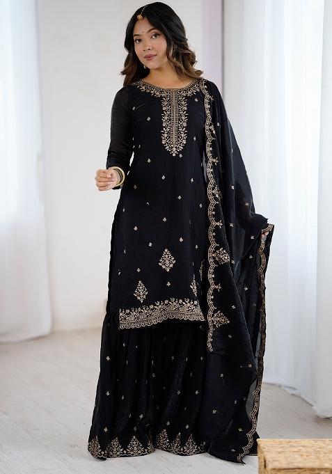 Black Embroidered Silk Salwar Kameez With Dupatta