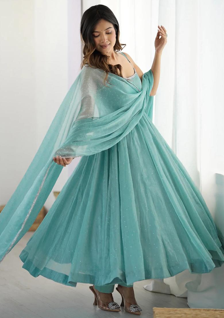 Sky Blue Siroski Work Silk Salwar Kameez With Dupatta