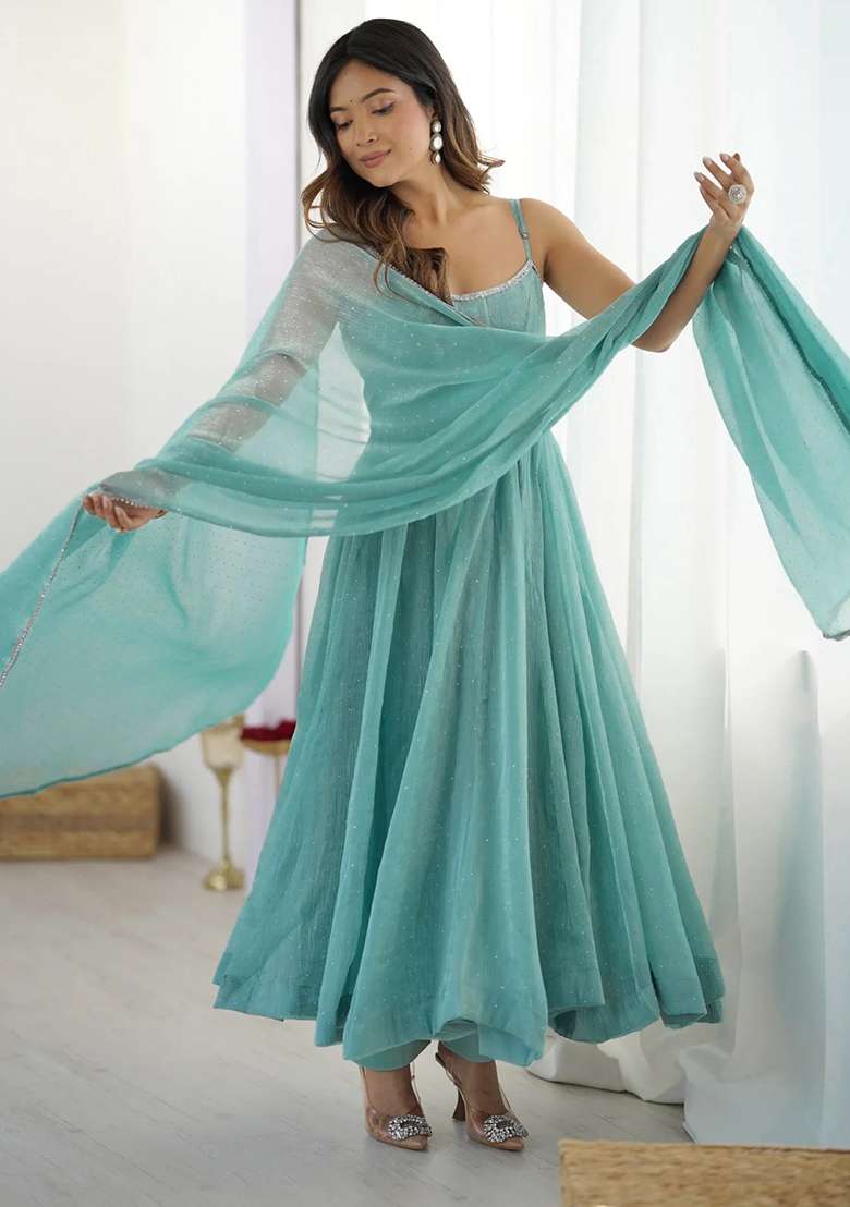 Sky Blue Siroski Work Silk Salwar Kameez With Dupatta - Indya