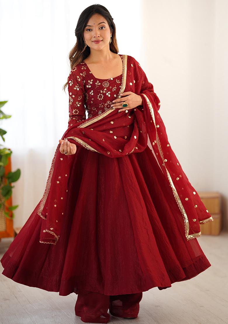 Maroon Embroidered Silk Salwar Kameez With Dupatta