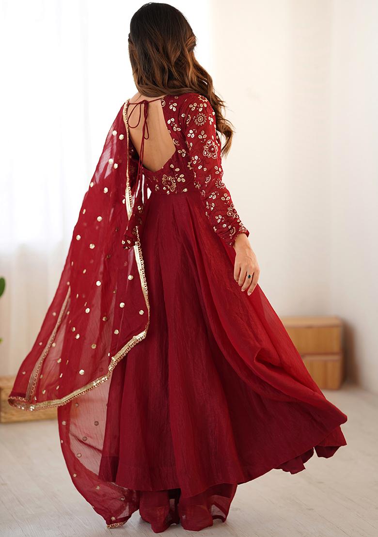 Maroon Embroidered Silk Salwar Kameez With Dupatta