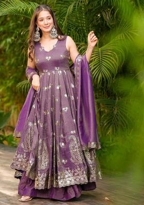Lavender Embroidered Silk Salwar Kameez With Dupatta