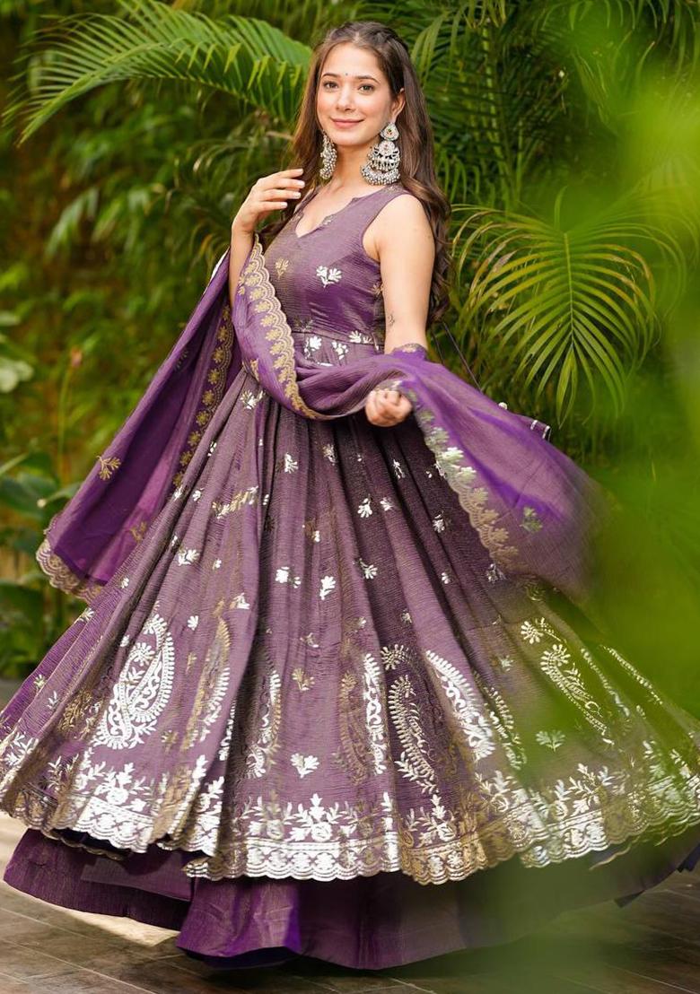 Lavender Embroidered Silk Salwar Kameez With Dupatta