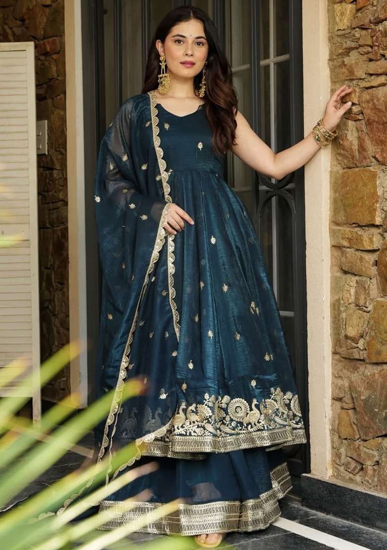Teal Green Embroidered Silk Salwar Kameez With Dupatta - Indya