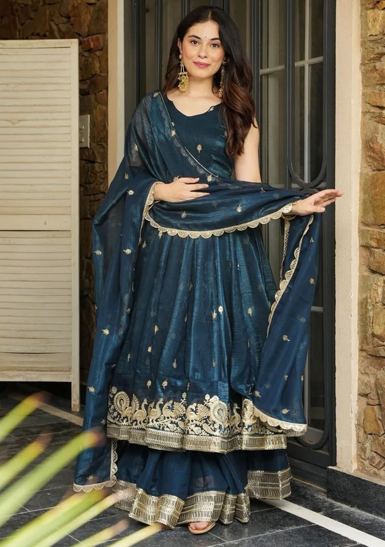 Teal Green Embroidered Silk Salwar Kameez With Dupatta