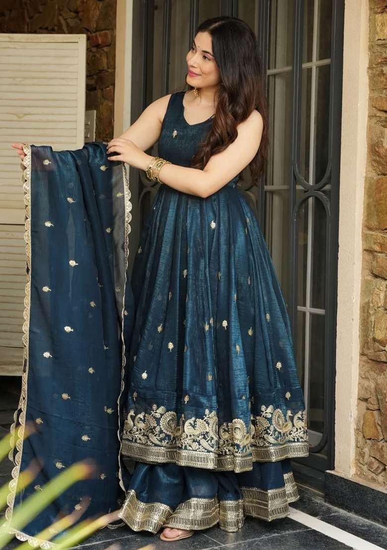 Teal Green Embroidered Silk Salwar Kameez With Dupatta - Indya
