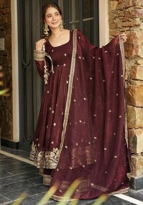 Maroon Embroidered Silk Salwar Kameez With Dupatta