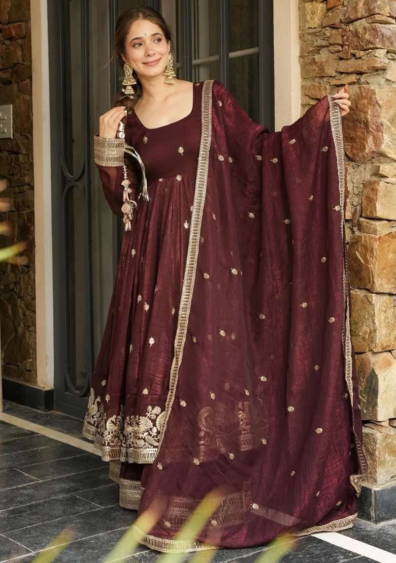 Maroon Embroidered Silk Salwar Kameez With Dupatta - Indya