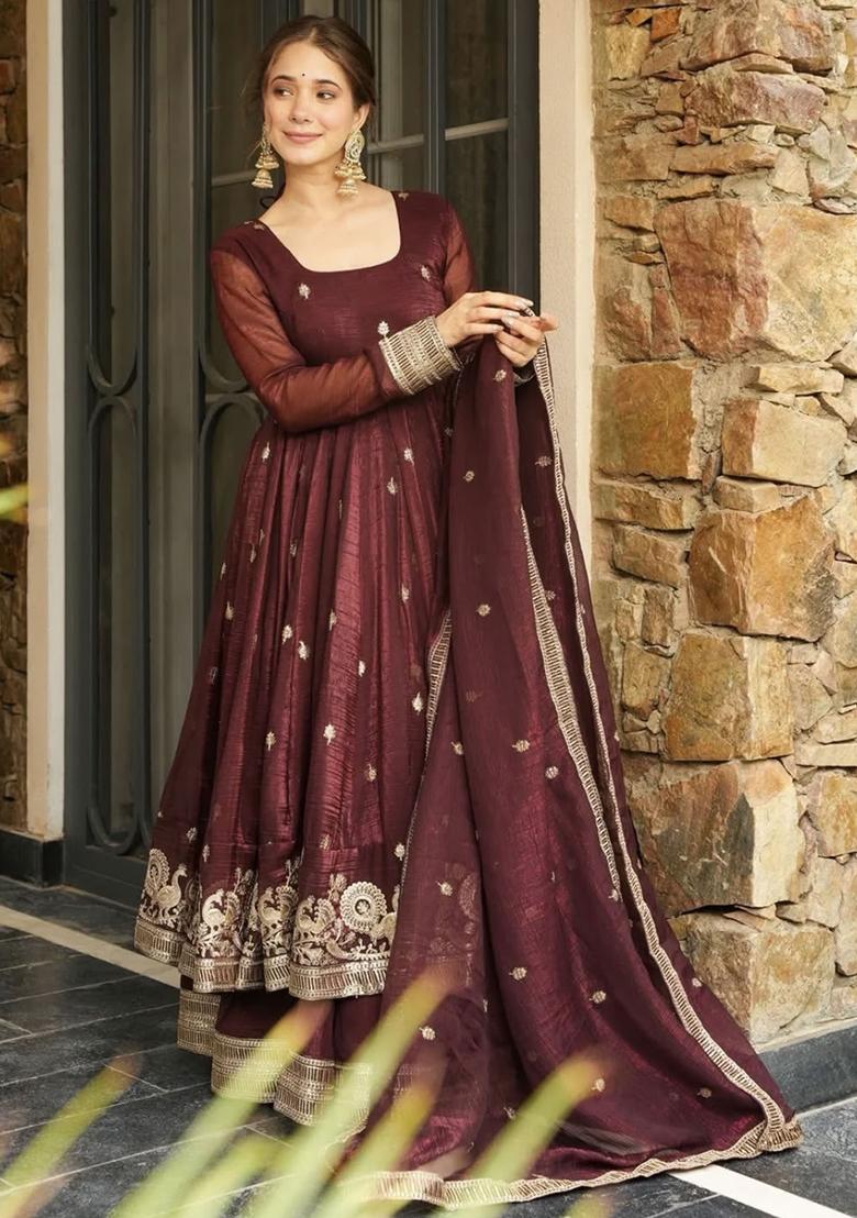 Maroon Embroidered Silk Salwar Kameez With Dupatta