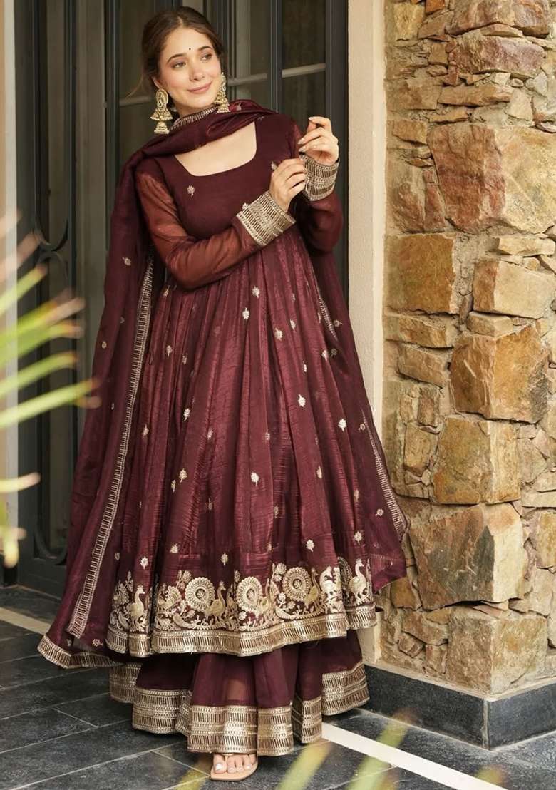 Maroon Embroidered Silk Salwar Kameez With Dupatta - Indya