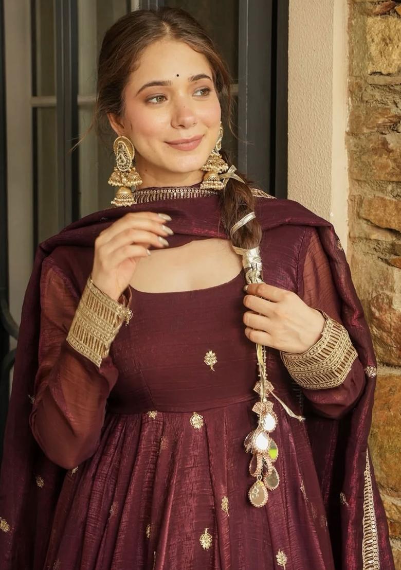 Maroon Embroidered Silk Salwar Kameez With Dupatta