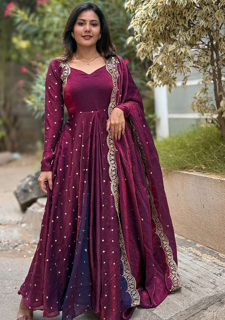 Magenta Embroidered Silk Salwar Kameez With Dupatta - Indya