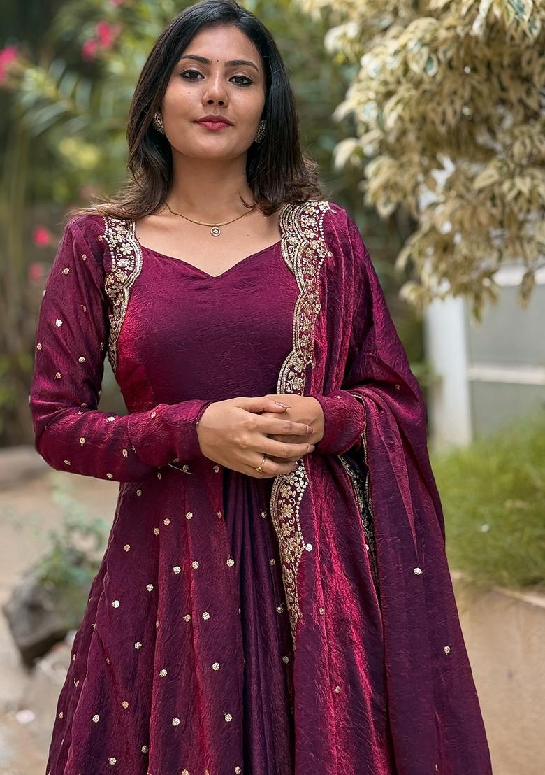 Magenta Embroidered Silk Salwar Kameez With Dupatta