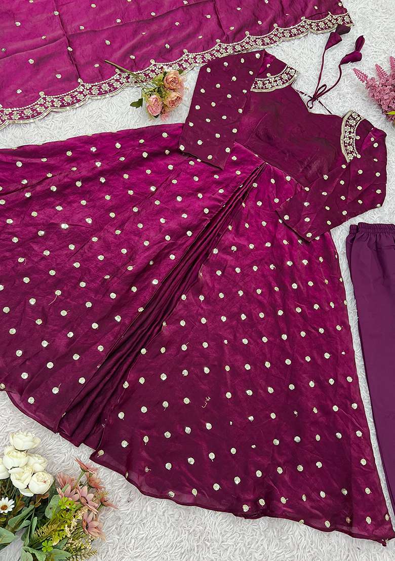 Magenta Embroidered Silk Salwar Kameez With Dupatta - Indya