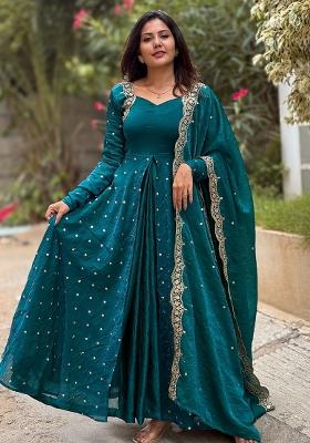 Teal Green Embroidered Silk Salwar Kameez With Dupatta