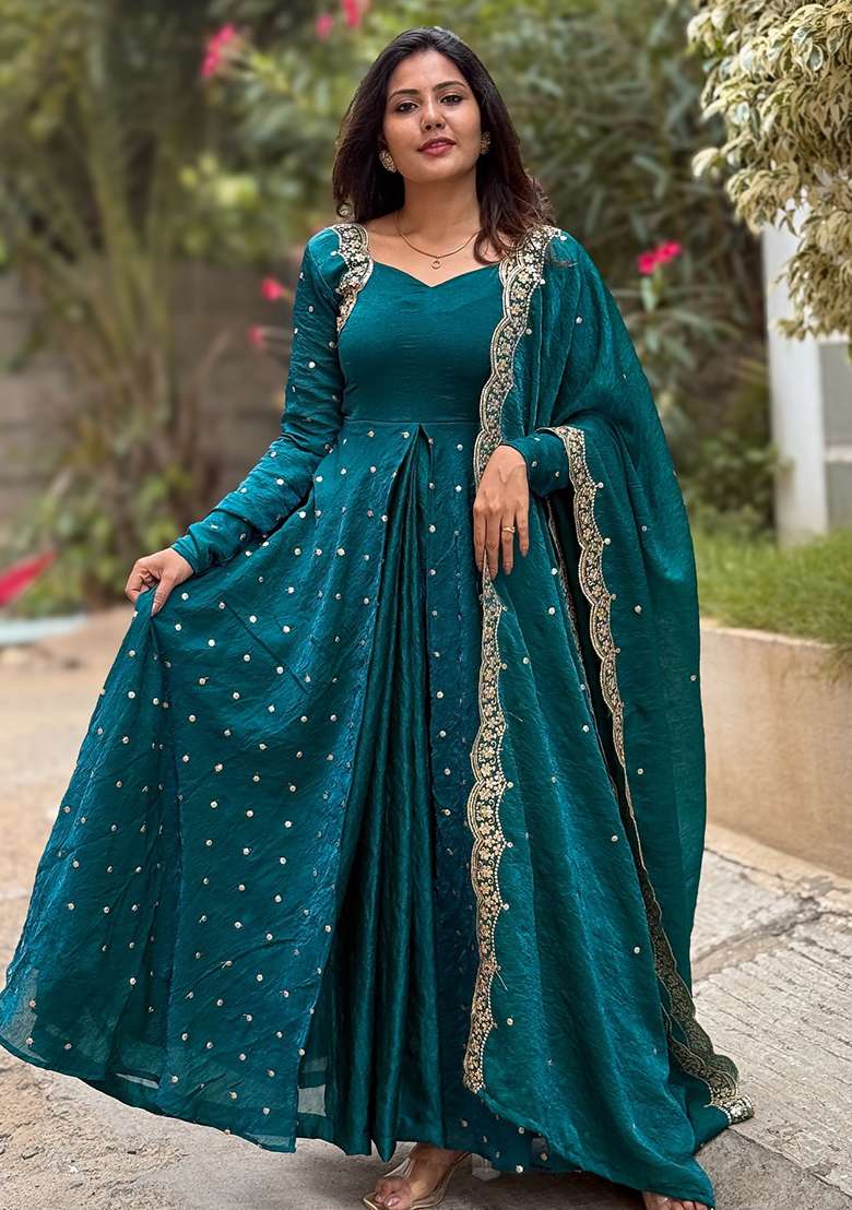 Teal Green Embroidered Silk Salwar Kameez With Dupatta - Indya