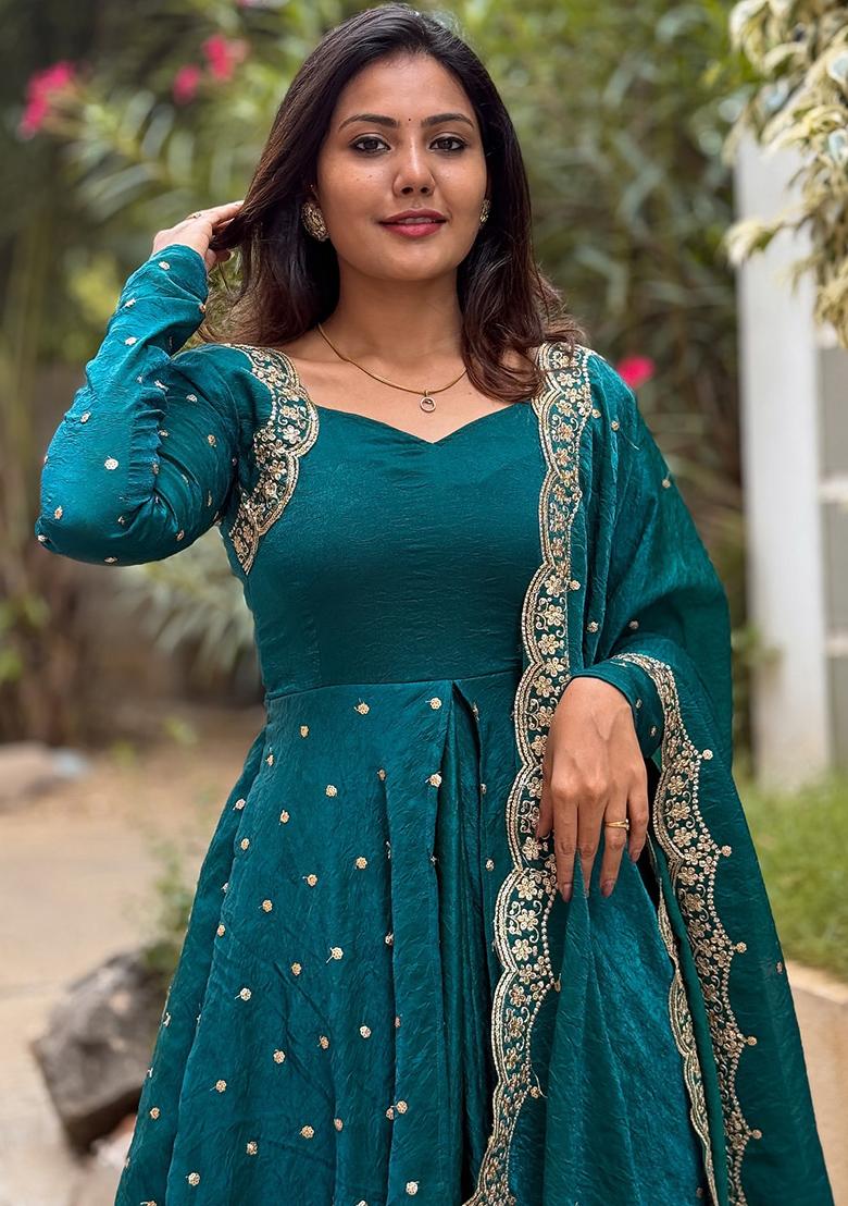 Teal Green Embroidered Silk Salwar Kameez With Dupatta