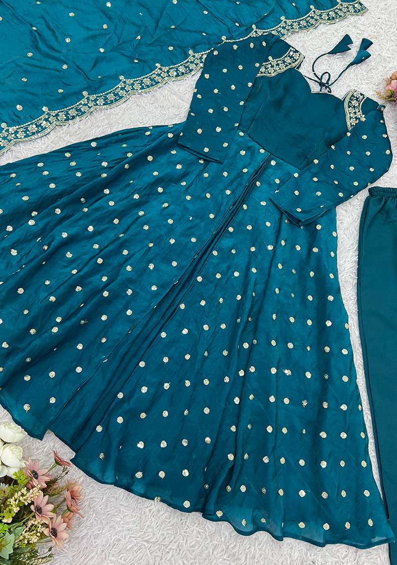 Teal Green Embroidered Silk Salwar Kameez With Dupatta - Indya