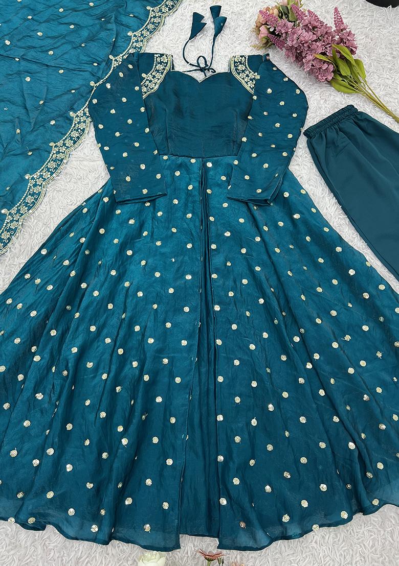 Teal Green Embroidered Silk Salwar Kameez With Dupatta